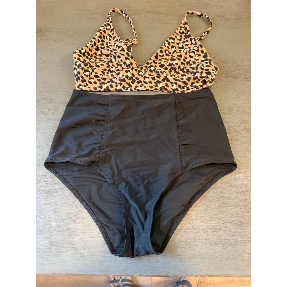 Aerie Leopard Print Triangle Bikini Top and Black High Waisted Bottoms Set M